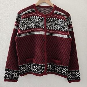 Women's Red Nordic Patterned Cardigan Sweater